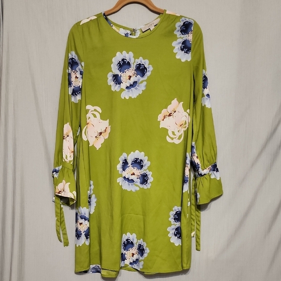 LOFT Green Floral Mini Dress with Tie Sleeves - Picture 1 of 10
